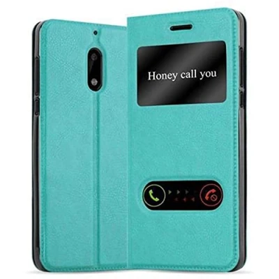 Abbildung von Cadorabo Hülle kompatibel mit Nokia 6 2017 Sichtfenster aus Premium Kunst Leder Flip Klappbare Stoßfeste Magnetische [Standfunktion] [Kartenfächern] Cover für Tasche in Türkis