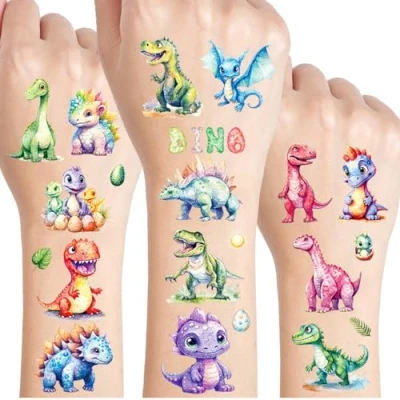 Abbildung von Dinosaurier Glitzer Tattoo Set Kinder, 12 Blätter Dino Fake Tattoos für Geschenke Junge Mädchen, Geburtstag Party Geschenk Kleine, Hautfreundliche Temporäre