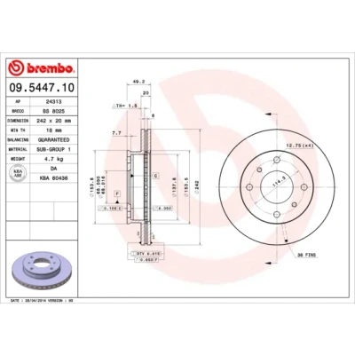Abbildung von BREMBO 09.5447.10 Bremsscheibe 242 20 4 innenbelüftet NISSAN: Primera Hatchback, Limousine