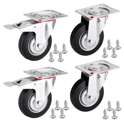 Abbildung von 4er SET JUNKER Transportrollen Ø 100 mm (2x Lenkrollen, 2x Lenkrollen mit Bremse) Höhe 127 mm, Anschraubplatte x 82 Traglast bis 360 Kg Strandkorbrolle