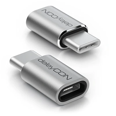 Abbildung von deleyCON 2 Stück USB C Adapter aus Aluminium Micro Buchse zu Stecker zum Laden &amp; Synchronisieren für Apple Samsung Google Huawei Xiaomi Handy Smartphone Tablet Laptop Silber