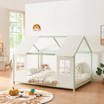 Abbildung von [en.casa] Kinderbett Tostedt Hausbett Jugendbett Bettenhaus Spielbett Halboffenes Design Montessori Bett aus massiver Kiefer Bettgestell Holz 140x200cm Mintgrün/Weiß
