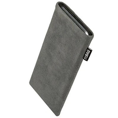 Abbildung von fitBAG Classic Grau Handytasche für Apple iPhone 15 Pro Tasche aus original Alcantara mit Microfaserinnenfutter Hülle Reinigungsfunktion Made in Germany