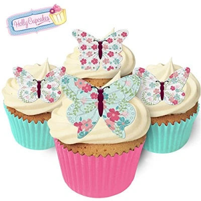 Abbildung von Wunderschöne essbare Kuchendekorationen 24 Schmetterlinge / Floral Shabby Chic Edible Butterflies