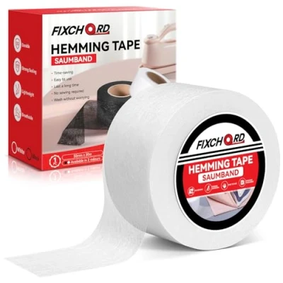 Abbildung von FIXCHORD Saumband, Saumband zum Aufbügeln, Bügelband kürzen für Vorhänge, Bügelkleber Textilien, Gardinen ohne Nähen (Weiß, 30m x 50mm)