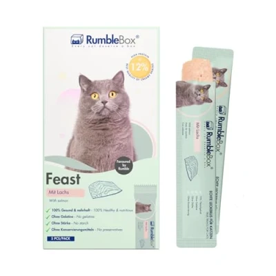 Abbildung von RumbleBox Schleckies mit Lachs, getreidefrei &amp; zuckerfrei für Allergiker, Gesunde Leckerlis Katzen nur 5 Zutaten