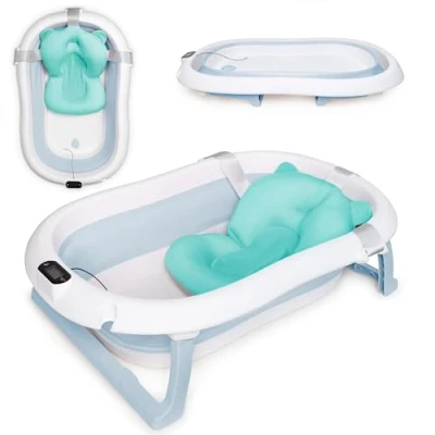 Abbildung von moovkee. Baby Badewanne Faltbar mit Thermometer und Badekissen Faltbare 80cm, Babywanne Einsatz, Babybadewanne Neugeborene Wanne Set Neugeboren, Bathtub