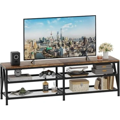 Abbildung von TV Schrank, Fernsehtisch, Lowboard für Fernseher bis zu 70 Zoll, Fernsehschrank mit 3 offenen Fächern, Regal Wohnzimmer Schlafzimmer, 160 x 40 50 cm, Industrie Design, Stahlgestell, Braun
