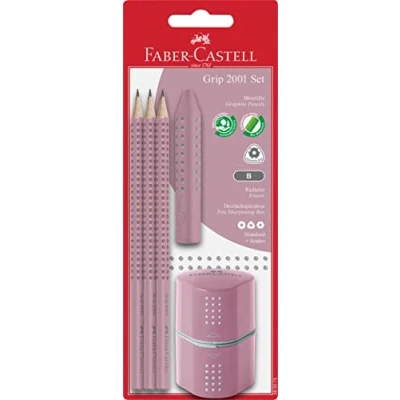 Abbildung von FABER CASTELL 580073 Bleistifte Set Grip 2001, 5 teilig mit 3 Bleistiften, Radiergummi und Spitzer, rose shadows