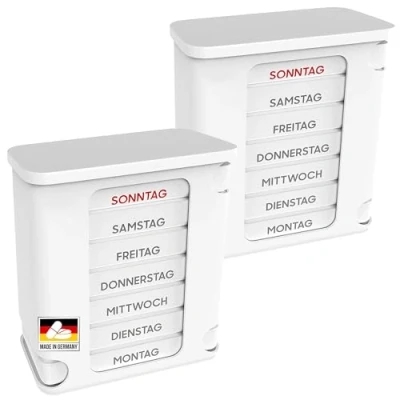 Abbildung von Kerpers® Tablettenbox 7 Tage MADE IN GERMANY Pillendose mit 4 Fächer morgens mittags abends nachts Medikamentenbox für Tabletten und Supplements (2 Stück Weiß/Weiß)