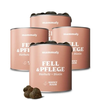 Abbildung von mammaly Shiny Hair 4X Super Sparpaket Fellpflege Hunde Snacks mit Bierhefe &amp; Biotin gegen Haarausfall Juckreiz Probiotika Vitamin C, E, D3, Beta Carotin, Zink für glänzendes Fell