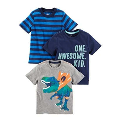 Abbildung von Simple Joys by Carter&#039;s Baby Jungen 3 Pack Short Sleeve Tee T Shirt, Blau Streifen/Grau Dinosaurier/Marineblau Textaufdruck, 5 Jahre (3er Pack)