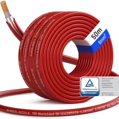 Abbildung von hb digital 50m Solarkabel H1Z2Z2 K TÜV Rheinland zertifiziertes 6mm² flexibel UV witterungsbeständig PV Kabel reines Kupfer 1500V DC für Solarpanel Wechselrichter Photovoltaik Rot