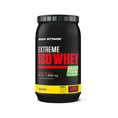 Abbildung von Body Attack Extreme Iso Whey, Banana, 1 kg,CFM Whey Protein Isolat aus 100% irischer Weidemilch, glutenfrei, reich an EAAs, perfekt löslich, fettarm, ohne Aspartam, 90,6% Anteil