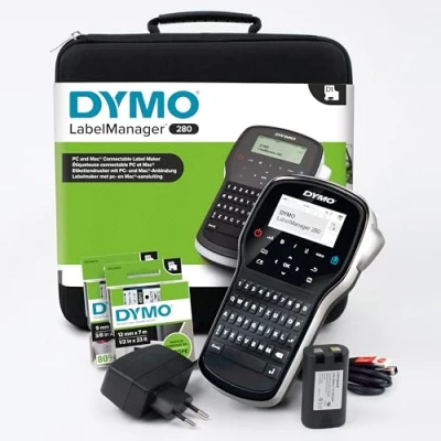 Abbildung von DYMO LabelManager 280 Wiederaufladbares Handheld Etikettendrucker Set, QWERTY Tastatur, mit 2 Rollen D1 Etiketten und Tragetasche
