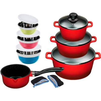 Abbildung von KING Topf Set &quot;ALUGUSS&quot;, Aluminiumguss, (Set, 15 tlg., je 1 Kochtopf 16/20/24 cm, Stieltopf 16 Schüsselset, Grips), Keramikantihaftbeschichtung, Induktion