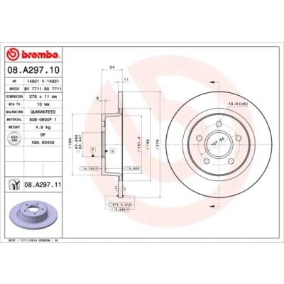Abbildung von Bremsscheibe BREMBO 08A29711 hinten, voll, 1 Stück