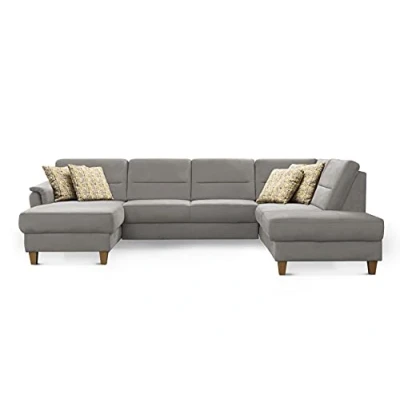 Abbildung von CAVADORE Wohnlandschaft Palera / U Form Sofa mit Schlaffunktion, Stauraum und Federkern 314 x 89 212 Mikrofaser, Hellgrau
