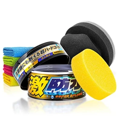 Abbildung von Soft99 Water Block Super Splash Dark Hartwachs (300g) Auto Wachs Versiegelung Set Langzeitschutz (3 M.) mit Lotuseffekt und Glanz für dunkle Lacke Lackversiegelung, Langzeitversiegelung 7 teilig