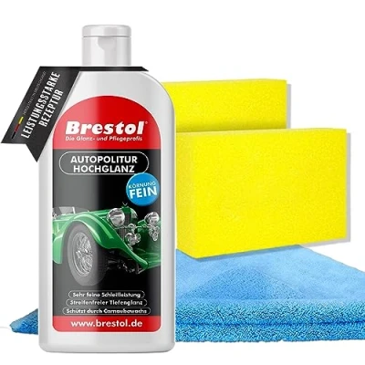 Abbildung von Autopolitur Hochglanz 1x 500ml Politur Auto mit Langzeitschutz, Poliermittel für makellosen Fahrzeugglanz, Pflege &amp; Lackpolitur Carnaubawachs + 2x Schwamm Mikrofasertuch