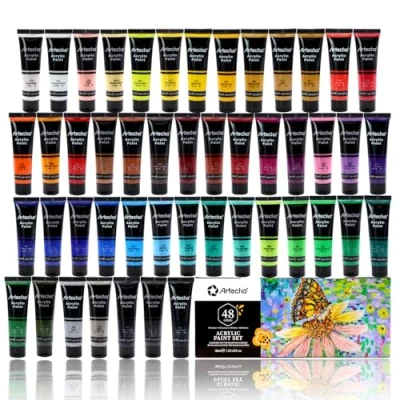 Abbildung von Artecho Acrylfarben Set 48 x 36 ml, Acrylic Paint Set, Wasserfest und Lichtecht, Schnell Trocknend, ideal für Leinwand, Papier Stoffe, Geschenke zu Weihnachten anderen Feiertagen