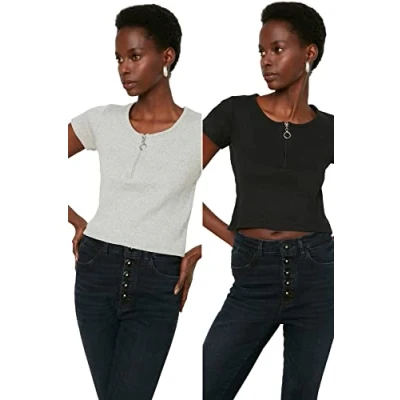 Abbildung von Trendyol Damen Reißverschluss Detaillierte Flyillate 2 paket Gestrickte Bluse Blouse, Black grey, L EU