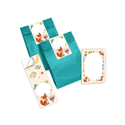 Abbildung von 12 Mini Notizblöcke + Geschenktüten (Petrol) Aufkleber Fuchs Mitgebsel Gastgeschenk beim Kindergeburtstag Mädchen Jungen