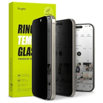 Abbildung von Ringke Privacy Glass Kompatibel mit iPhone 15 Pro Max Displayschutzfolie 6,7 Zoll, Anti spy 9H Härt Privatsphäre Glasfolie Einfachem Installationskit