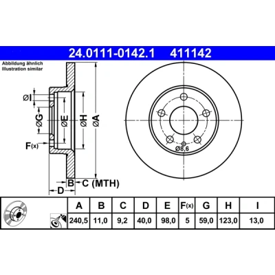 Abbildung von ATE 24.0111 0142.1 Bremsscheibe 240,5 11,0 5 98,0 voll beschichtet ALFA ROMEO: Spider, GTV