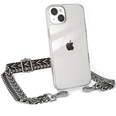 Abbildung von EAZY CASE Handykette Verstellbarer Gurt kompatibel mit iPhone 14 Plus, Schulterriemen, Flache Kordel, Handykordel Hülle, Hülle Kette, Anthrazit/Schwarz Metall Silber