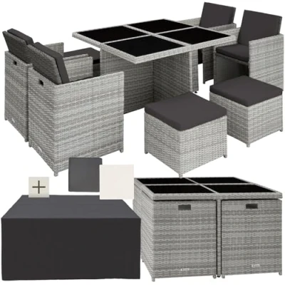 Abbildung von tectake® Lounge Möbel Set 4X Stühle, Hocker, 1x Tisch, platzsparende Cube Aufbewahrung, Outdoor Rattan Gartenmöbel für Balkon, Garten und Terrasse, mit Abdeckung Wechselbezügen hellgrau