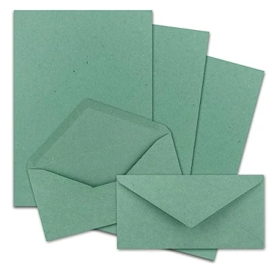 Abbildung von 25x Briefpapier Set DIN A4 mit Lang Briefumschlägen, Nassklebung Kraftpapier Eukalyptus Grün Recycling Schreibpapier Kuverts FarbenFroh by GUSTAV NEUSER