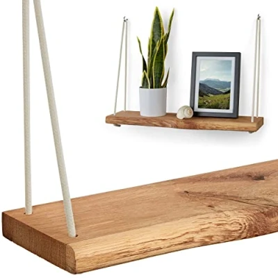 Abbildung von Villanord® Wandregal aus Deutscher Eiche Rustikal mit Baumkante (40cm) Massivholz Hängeregal inkl. Seil &amp; Haken Holz