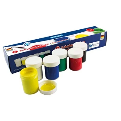 Abbildung von Stylex 28956 Schulmalfarben im Set, 6 Malfarben für Kinder in den Farbtönen weiß, rot, blau, gelb, grün und schwarz, verschließbare Töpfchen á 20 ml