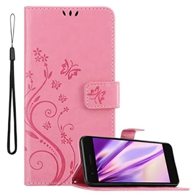 Abbildung von Cadorabo Hülle kompatibel mit LG K8 2018 / K9 Blumen Design aus Kunst Leder Flip Klappbare Magnetische [Standfunktion] [Kartenfächern] Cover für Tasche in Rosa