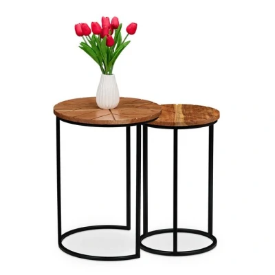 Abbildung von Relaxdays Satztisch, 2er Set, Akazienholz, Eisen, runder Beistelltisch, Wohnzimmer, Flur, Couchtisch, braun/schwarz
