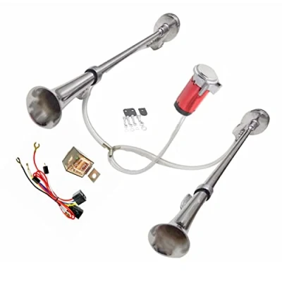 Abbildung von YIYIDA Autohupe Elektrische Hupe Car Horn 12V Schiffshupe Zink Chrom Silber Doppelrohr 170 dB Air Alarm Lautsprecher mit roter Luftpumpe LKW für Auto Moto Schiff SUV etc