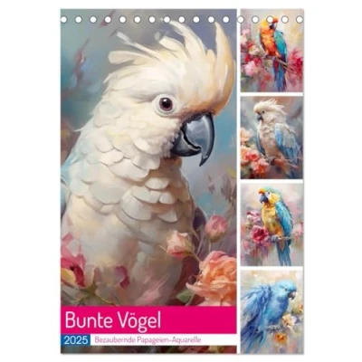 Abbildung von Bunte Vögel. Bezaubernde Papageien Aquarelle (Tischkalender 2025 DIN A5 hoch), CALVENDO Monatskalender