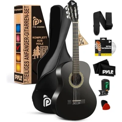 Abbildung von Pyle 1/4 Gitarre für Kinder, Akustik Gitarre, Konzertgitarre, Gitarren Set Plektron,Tasche,Tuner, Classic Guitar Kinder ab 4 7 Jahre, 76cm/30&quot;, Holz mit Nylon Saiten, Klassisches Design, Schwarz