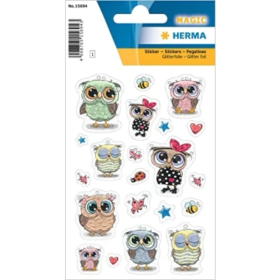Abbildung von HERMA 15694 Aufkleber Eulen Glitzer klein groß, 21 Stück, Tiere Sticker mit lustigen Eule Vogel Motiv, Kinder Etiketten für Fotoalbum Tagebuch Poesiealbum Scrapbooking Geburtstag Deko Briefe Basteln