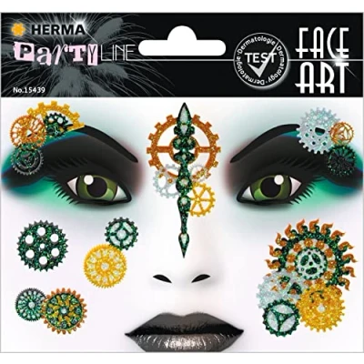Abbildung von HERMA 15439 Face Art Sticker Steampunk, dermatologisch getestet, ablösbare Glitzer Gesicht Aufkleber, temporäre Tattoos für Karneval Fasching Halloween Festival Kinder Geburtstag, grün gold