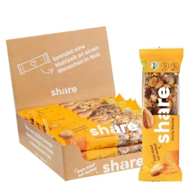 Abbildung von share Nussriegel Honig &amp; Mandel 15 x 35 g Riegel spenden je eine Mahlzeit an einen Menschen in Not Mandel, Erdnüsse glutenfrei ohne Palmöl