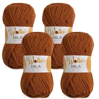 Abbildung von Wollidu Mila Garn zum Häkeln und Stricken 4 x 50g/133m Strickgarn 100% Polyacryl Häkelgarn Fuchs Braun