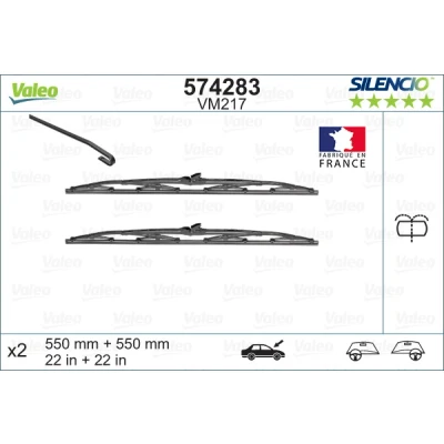 Abbildung von Scheibenwischer Valeo Silencio, Silencio Conventional Set 574283 vorne Standard mit integrierter Waschwasserdüse PEUGEOT: 405 II Limousine