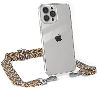 Abbildung von EAZY CASE Handykette Verstellbares Taschenband kompatibel mit iPhone 13 Pro Max, Schulterriemen, Handykordel Silikon Hülle, Umhängetasche, Hell Braun/Braun Clips Silber