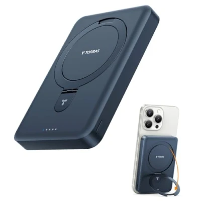Abbildung von TORRAS Powerbank für MagSafe,10000mAh einklappbare magnetische kabellose Power Bank mit USB C Schnell Aufladende,Nur kompatibel iPhone 16 Pro Max 15 14 13 12(Schwarz)
