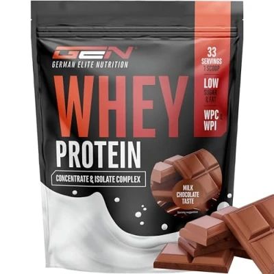 Abbildung von Whey Protein Pulver 1000 g (Milchschokolade) mit Isolate Anteil Instant lösliches Eiweiss BCAA &amp; EAA German Elite Nutrition