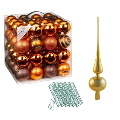 Abbildung von JACK 64x Kunststoff Christbaumkugeln Ø 6cm + Spitze 28cm inkl. Aufhänger Dekor Kugeln Set Weiß Rot Gold Grün Blau Silber, Farbe:Braun