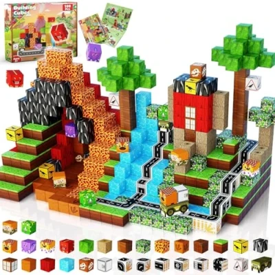 Abbildung von Magnetische Bausteine, 100 Teile Magnetbausteine Kinder Kreatives 3D Spielzeug mit Dinosauriern, Vulkan &amp; Naturlandschaft ab 5 6 7 8 9 Jahre Jungen Bauspielzeug für 3+ alte