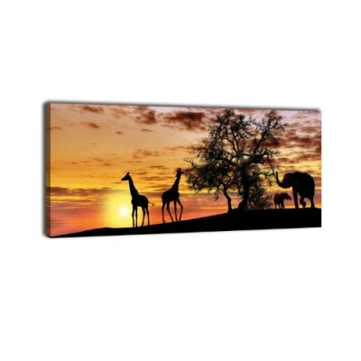 Abbildung von wandmotiv24 Leinwandbild Panorama Nr. 424 Tiere im Abendrot 100x40cm, Keilrahmenbild, Bild auf Leinwand, Afrika, Giraffe, Elefant